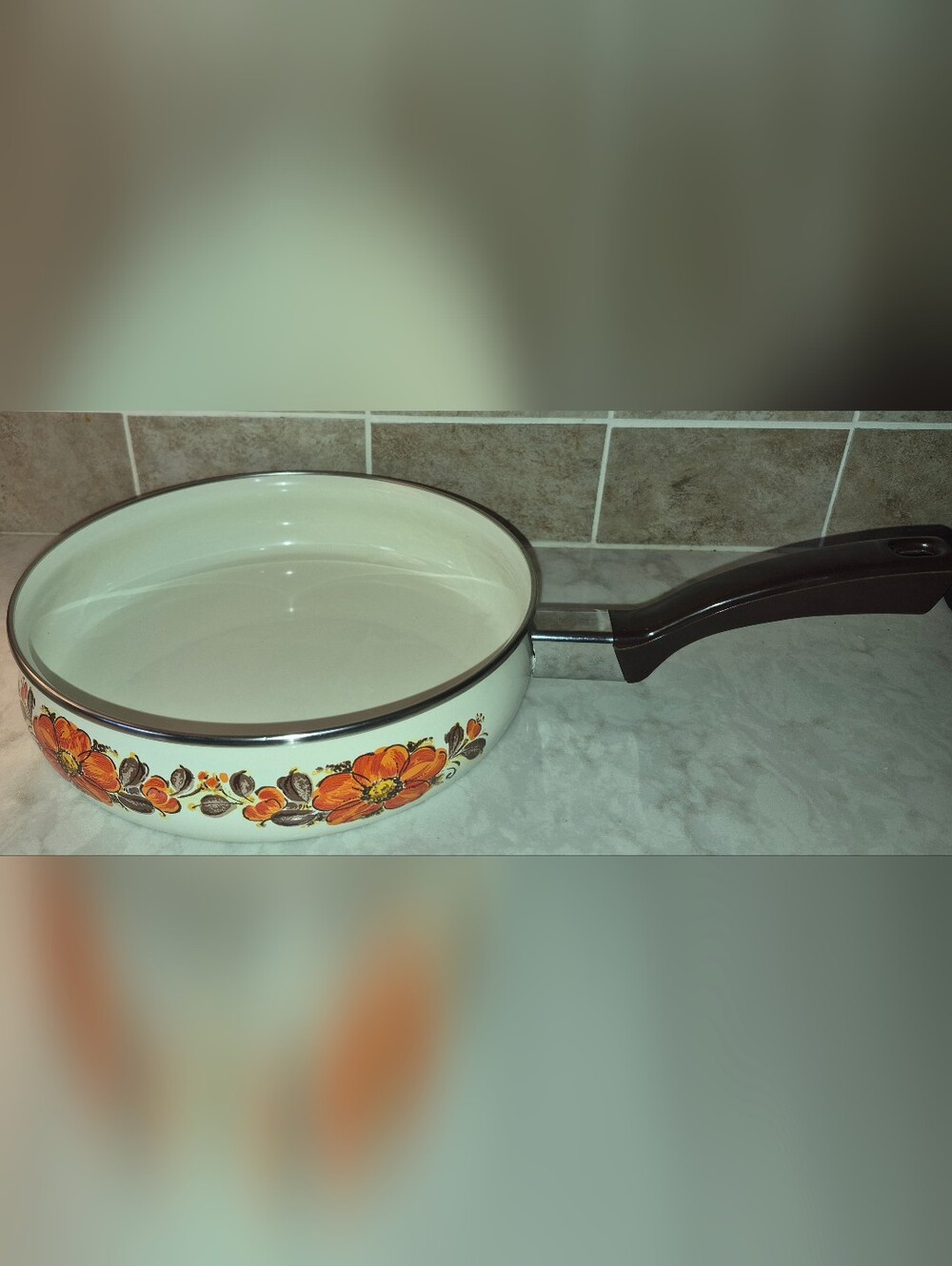 Vintage 1970s Orange and Brown Floral Moneta Enamel Pan